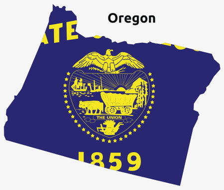 Illustration of an outlined map and flag of the State of Oregon, USAのイラスト素材