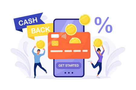 Online cash back or money refund concept. Happy people receiving cashback for shopping. Big phone with button get started the cashback. Saving money, get vouchers and discounts, reward programのイラスト素材