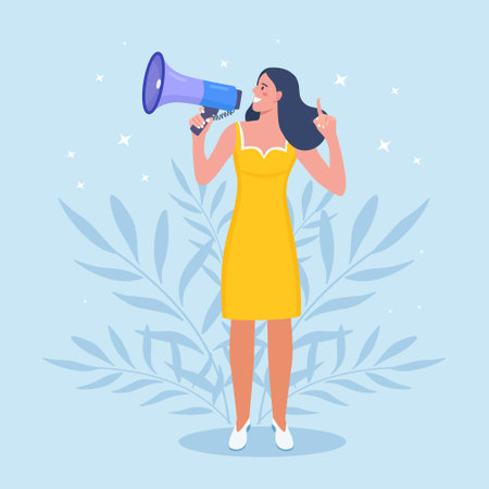 Business woman holding megaphone and shouting through it. Announcement of good news. Attention please. Speaker with loudspeaker, bullhorn. Advertising and promotion. Social media marketingのイラスト素材
