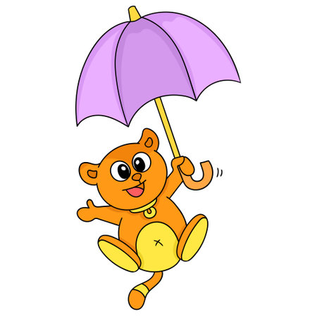 Digital illustration of an orange monkey holding a purple umbrellaのイラスト素材