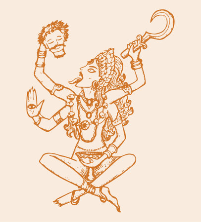 Drawing or Sketch of Hindu Goddess Durga or Kali Mata Outline Editable Illustrationのイラスト素材