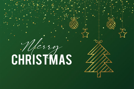 Vector design of shiny golden ornaments and a Merry Christmas text on a green cardのイラスト素材