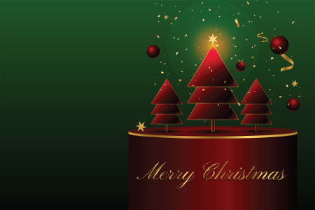 Vector design of Christmas trees on a platform with sparkles against a green backgroundのイラスト素材