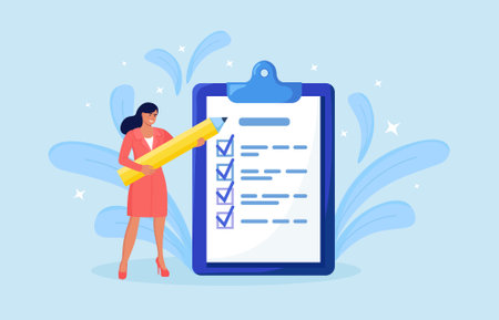 Woman is standing near large to do list and filling out checkbox. Plan fulfilled, task completed. Month planning, time management. Daily checklistのイラスト素材