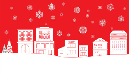 Scalable vector graphics of the New Year card design with buildings and snowflakes.のイラスト素材