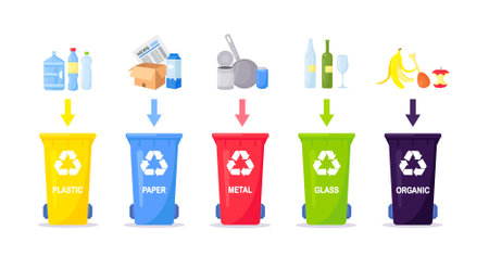Waste collection, segregation and recycling. Garbage separated into different types and collected into waste containers. Each bin for different materialのイラスト素材