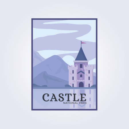 Castle illustration poster vector,  banner lake water design  icon scenic, beautiful poster, landscape poster with castleのイラスト素材