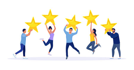 Five stars rating. Happy jumping people are holding review stars over their heads. Customer review rating, client feedback, satisfaction levelのイラスト素材