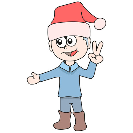 Vector doodle icon of a boy welcome Christmas, cartoon character cute doodle drawのイラスト素材