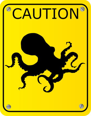 Vector of a yellow caution sign with an octopusのイラスト素材