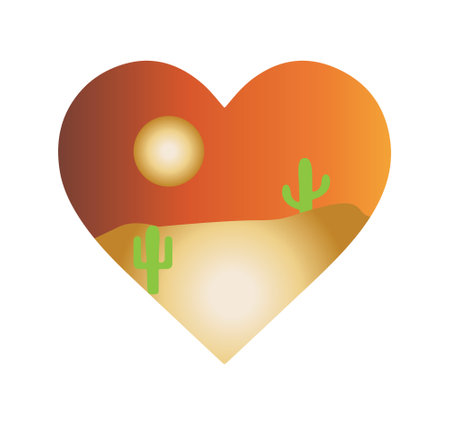 Vector illustration of a heart shape with cacti plants and sunset viewのイラスト素材
