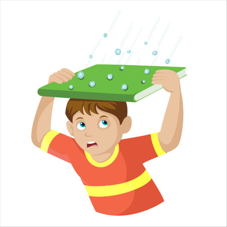 Schoolboy using his book to hide from rain isolated on a white background -  vectorのイラスト素材
