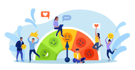 Customer Satisfaction Meter with Emotions Icons. Survey Clients, Customers Review Rating and Best Estimate of Performance. Concept of Client Feedback, Consumer Online report. User Experienceのイラスト素材