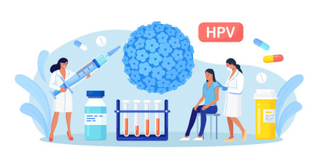 HPV vaccination for reduce virus infection risk or oncology. Human papillomavirus. HPV infection medication. Doctor vaccinate against cervical cancer. Scientist analyzing infected cellsのイラスト素材