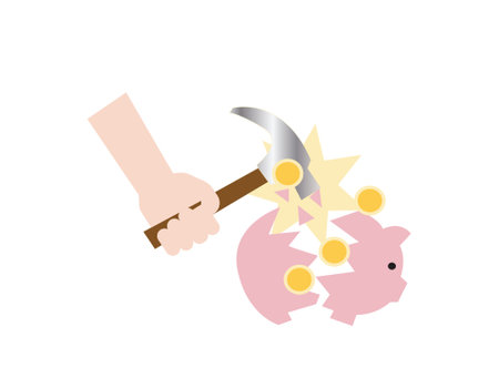 Illustration of a hammer breaking a money box in the shape of a pig with coins dropping out of itのイラスト素材