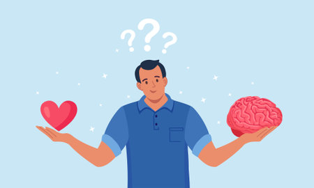 Young Man Hold Brain and Heart in Hands. Choosing between Feelings and Mind, Career or Hobby, Love...