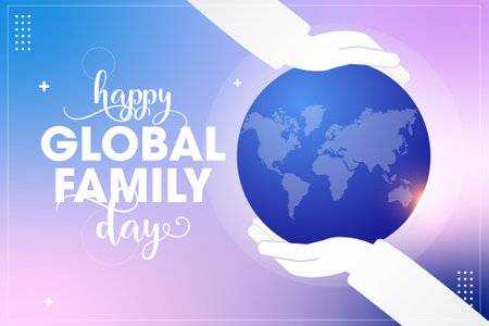 Vector design of a Global Family Day postcard with two hands holding the globe on a pink backgroundのイラスト素材