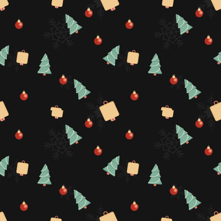 Vector icon of mini Christmas trees, red Christmas balls and yellow square bells on black backgroundのイラスト素材