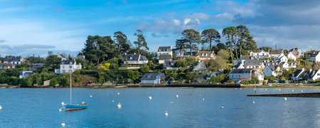 Brittany, Ile aux Moines island in the Morbihan gulf, the typical harbor and old houses in the villageの写真素材