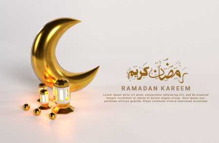 ramadan kareem islamic design with arabic lantern standing 3d realistic crescent moonの写真素材