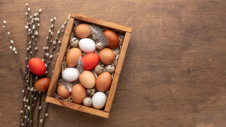 flat lay box with eggs easter copy space