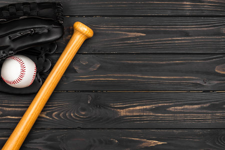 flat lay baseball bat with glove ball