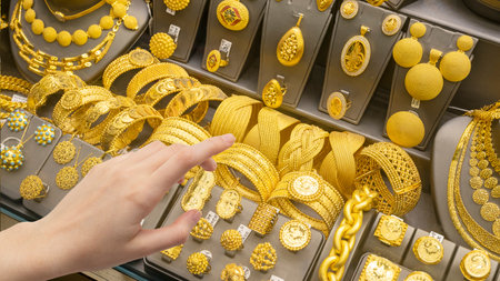 Shopping woman chooses jewelry in store. Woman looking to showcase or shop window.
