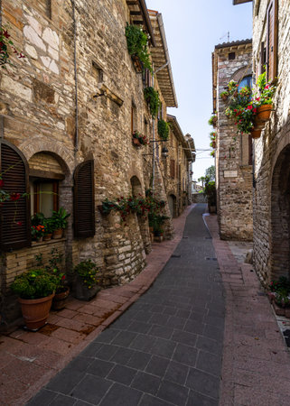 Assisi, Italy, Aug. 2021 â A typical alley in Assisi historic centerの写真素材