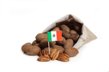Burlap Bag of Pecans With Flag of Mexico Isolated on White Background