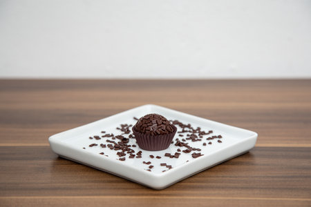 Chocolate ball on a white plate. Traditional brazilian sweet brigadeiro