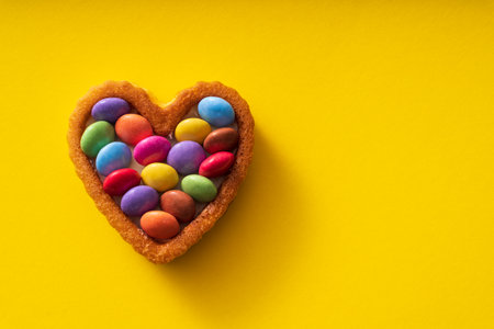 Colorful Candy Buttons on Heart shaped cake on yellow Background - Birthday concept