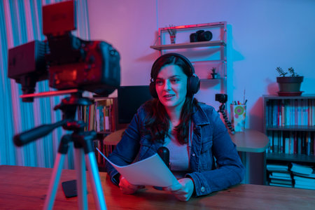 Beautiful Hispanic woman in front of a video camera recording a blog in her studio with red and blue lights inside her house. Streaming a speech on social mediaの写真素材