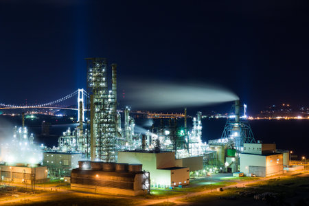Industrial factory in Muroran at nightの写真素材