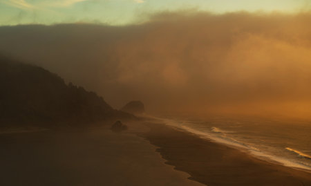 Scenic Coastal Foggy Sunset in Northern California. Klamath, CA United States of America.の写真素材
