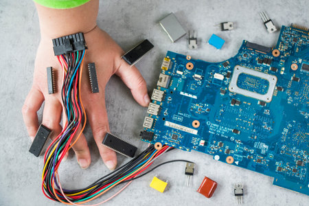 Electronic motherboard, isometric processor microchip, motherboard parts and mobile, digital...