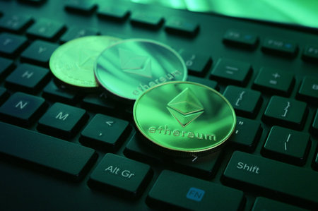 Closeup Ethereum Crypto Currency Coins On Keyboardの写真素材