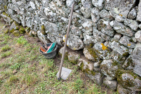 tools leaning against a wall in an archaeological excavation Archaeology worksの写真素材