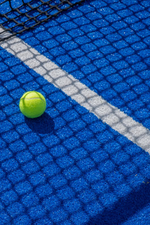 paddle tennis ball in the shade of the net of a blue paddle tennis court racket sports conceptの写真素材