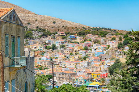 SYMI, GREECE - JULY 05, 2021: Symi is a Greek island and part of the Dodecanese island group.の写真素材
