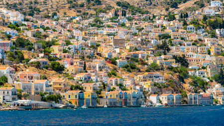 SYMI, GREECE - JULY 05, 2021: Symi is a Greek island and part of the Dodecanese island group.の写真素材