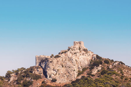 RHODES GREECE - JULY 10, 2021: The castle of Kritinia is a Venetian castle built in the 16th century on a hill about 131 meters above the village of Kritinia.の写真素材
