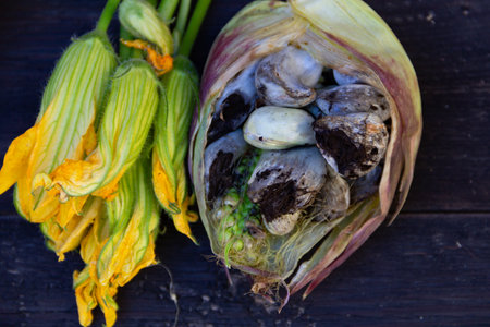 huitlacoche mushrooms with squash flowers, on a rustic background