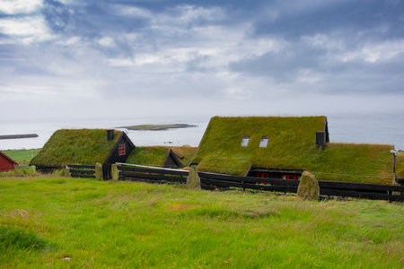 typical houses of the Faroe Islands on the grass roofの写真素材