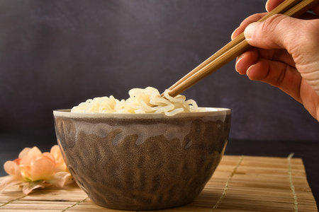 Close up Shirataki konjac noodle. Japanese traditional oriental style food. Gluten and carbohydrate free noodles. keto diet. Glucomannan and fiber.の写真素材