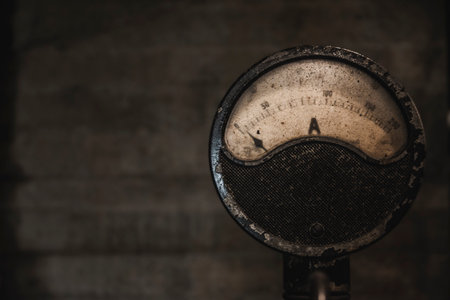Close-up of Electrical old and worn out industrial current meter. Measurement in Ampere. Concrete background providing copy space.の写真素材