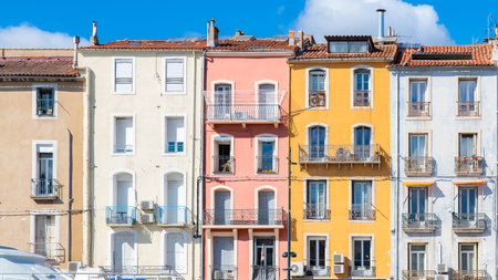 SÃ¨te in France, fisherboat at the quay, typical colorful facadesの写真素材