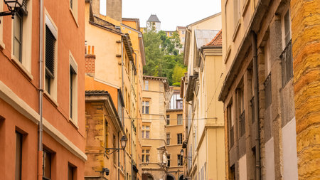 Lyon, typical facades in the center, colorful buildingsの写真素材