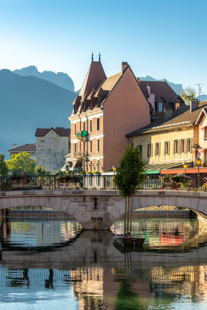 Annecy in France, typical houses in the old center, on the riverの写真素材