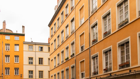 Lyon, typical facades in the center, colorful buildingsの写真素材
