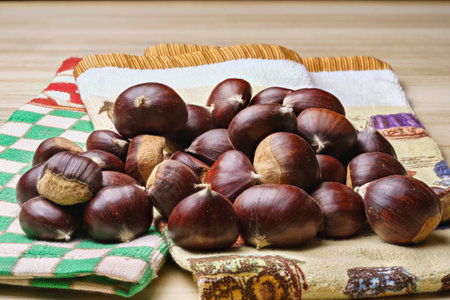 close-up of various chestnut nuts on dish towelsの写真素材